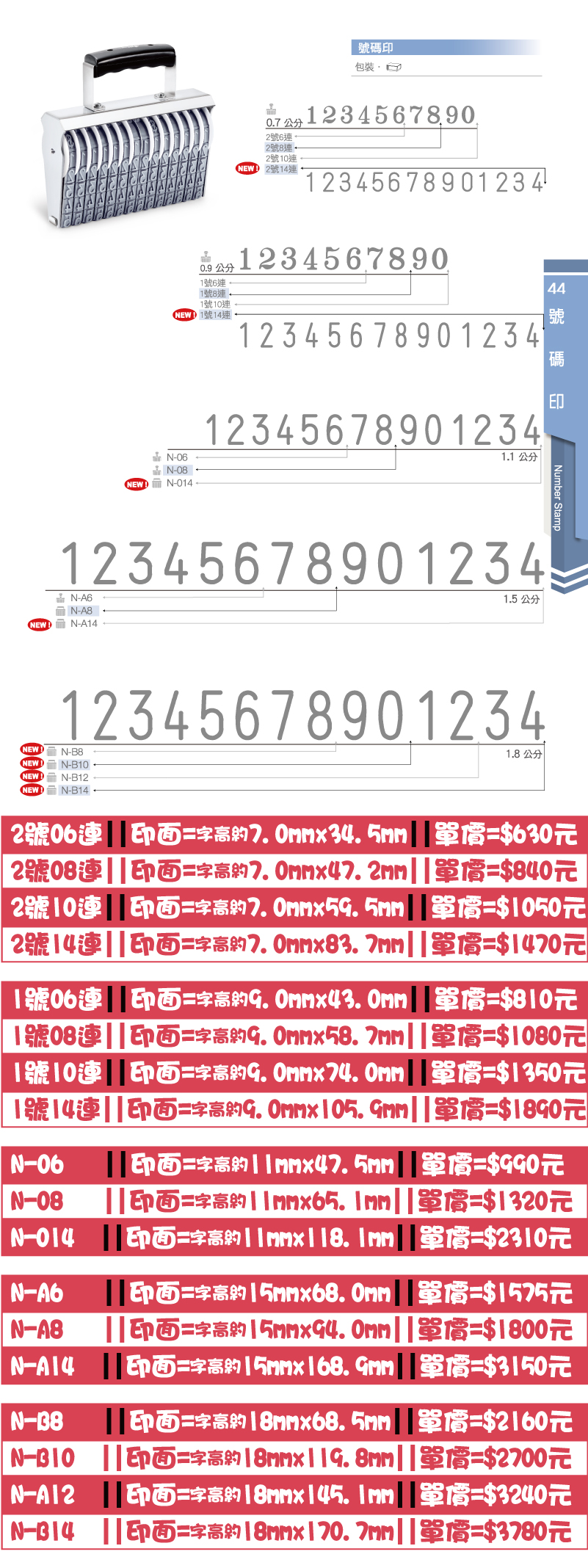 號碼印-旋轉章,2號6連,2號8連,2號10連,2號14連,1號6連,1號8連,1號10連,1號14連,N-06,N-08,N-014,N-A6,N-A8,N-A14,N-B8,N-B10,N-B12,N-B14.